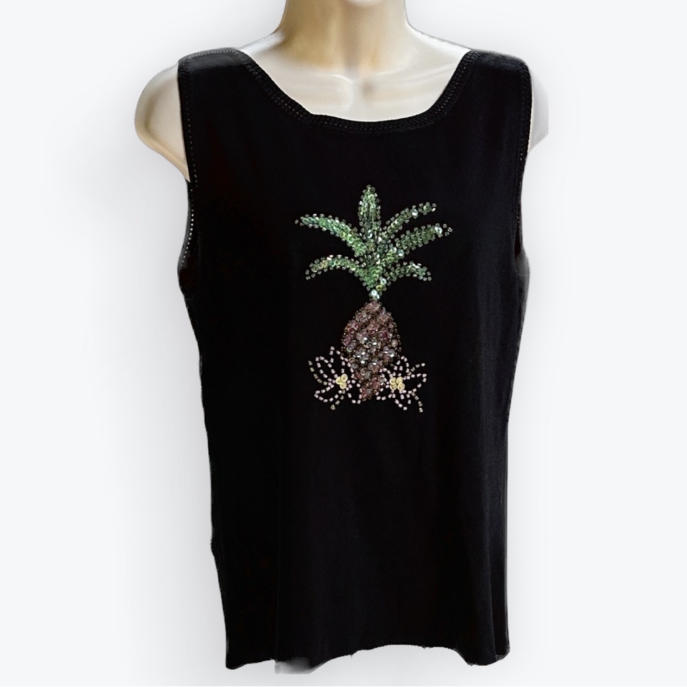Island Glamour Black Bling Tiki Pineapple Beaded Sequins Sweater Tank/Vest ~ L